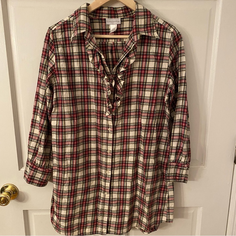 Soft Surroundings Christmas Plaid Ruffle Button Down Long Shirt Petite Small